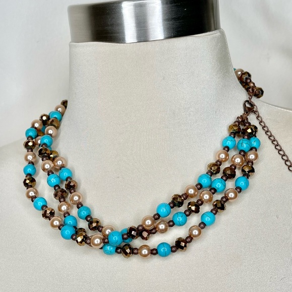 Turquoise Beaded Bronze Triple Stand Necklace - Picture 6 of 8